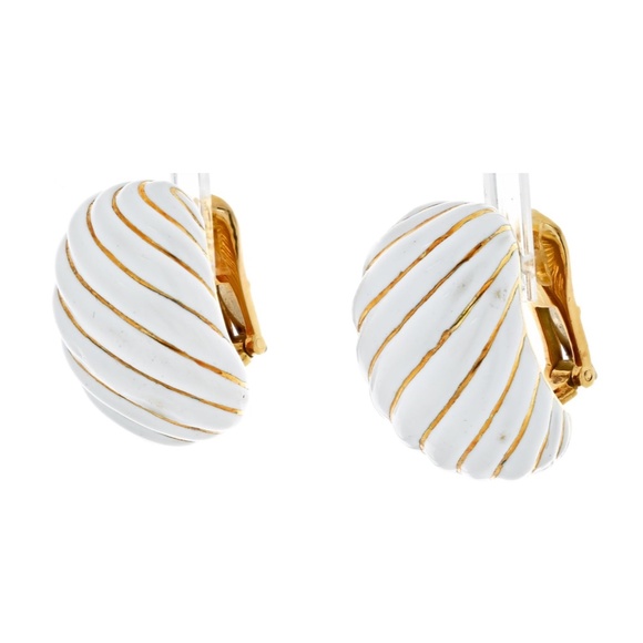 David Webb Platinum & 18K Yellow Gold White Enamel Gold Earrings - Picture 2 of 4